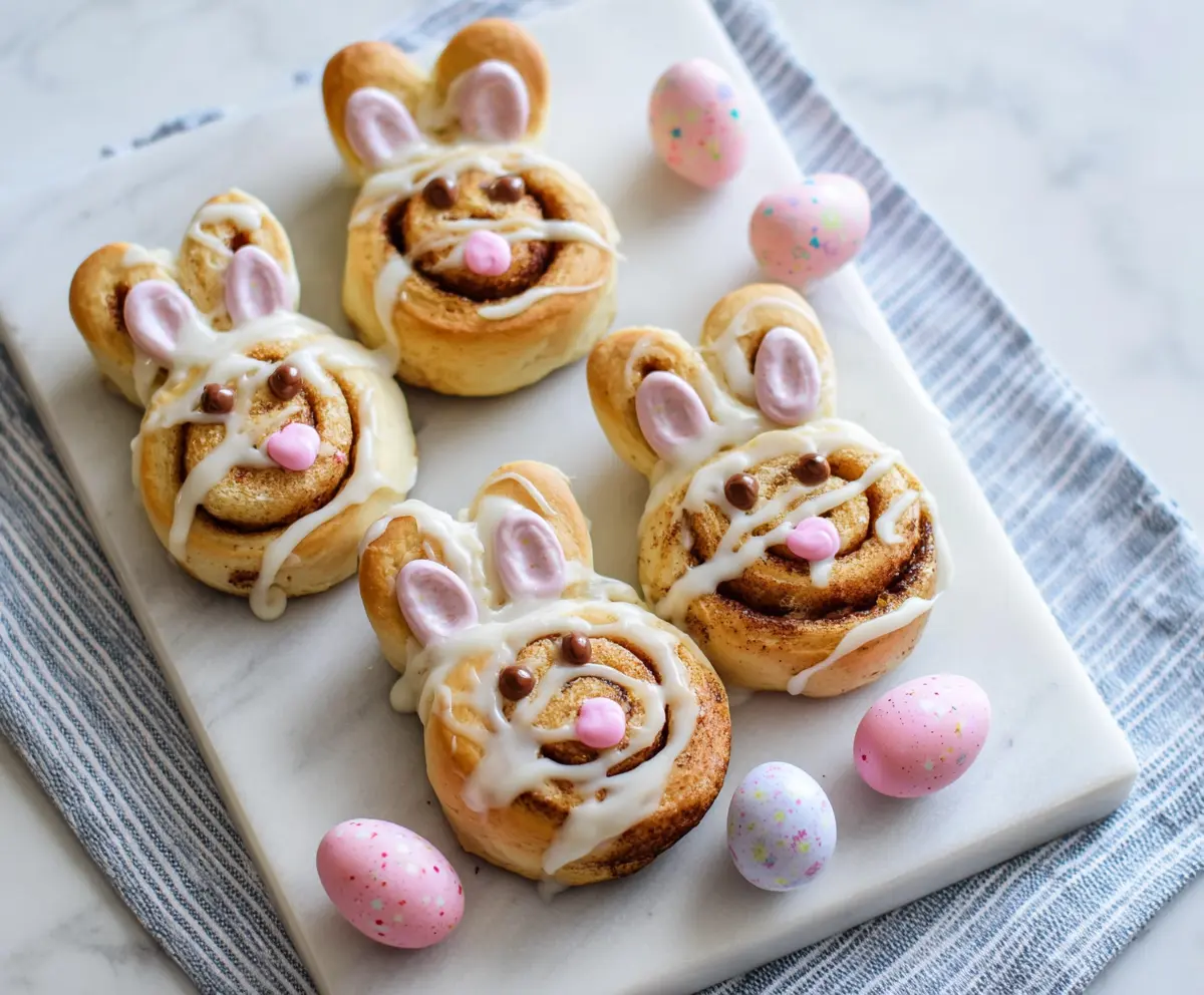 Easter Bunny Cinnamon Rolls with powdered sugar and colorful sprinkles, perfect for spring Easter celebrations.