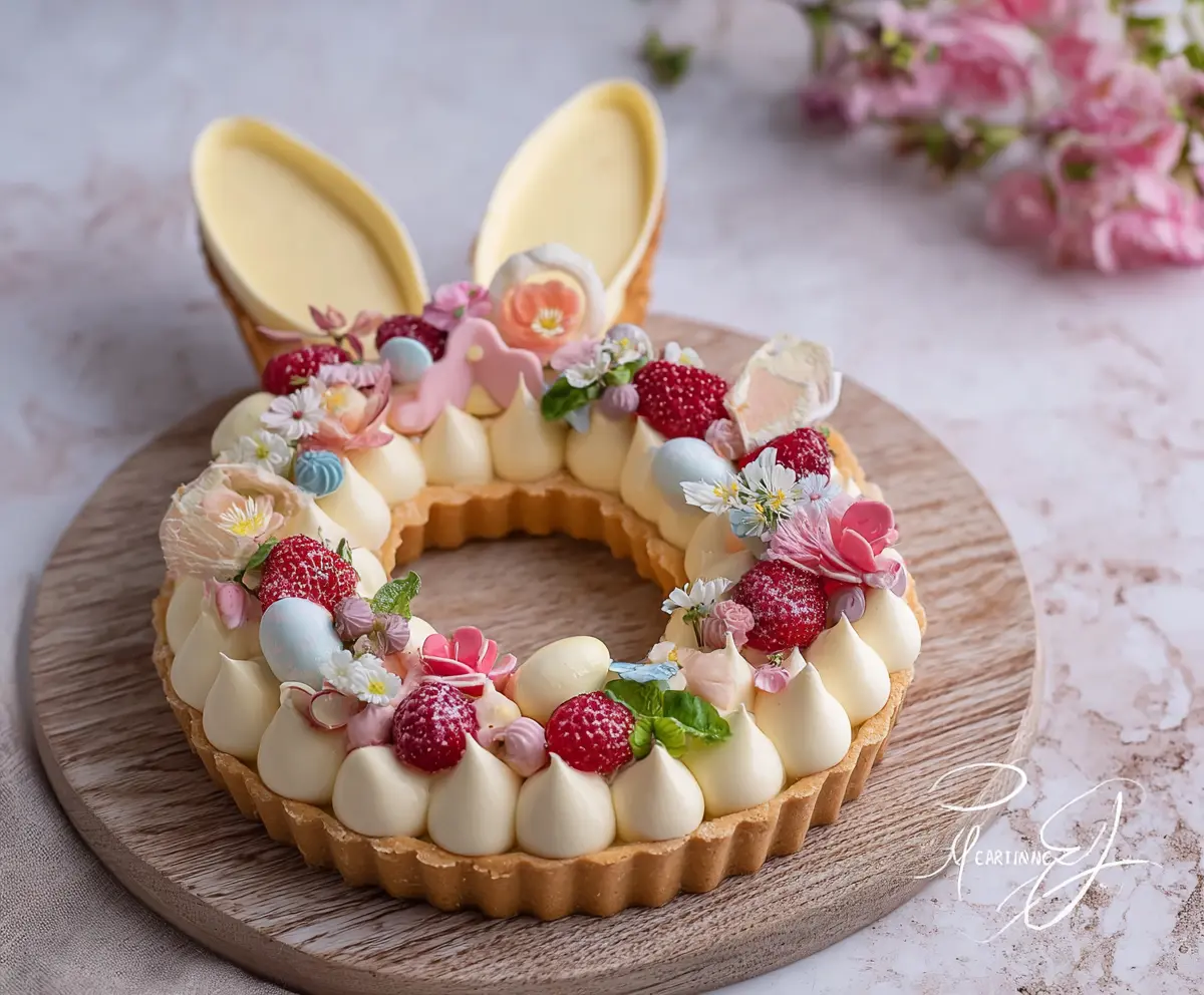 Easter Bunny Cream Tart decorated with colorful candies and pastel frosting for spring celebration
