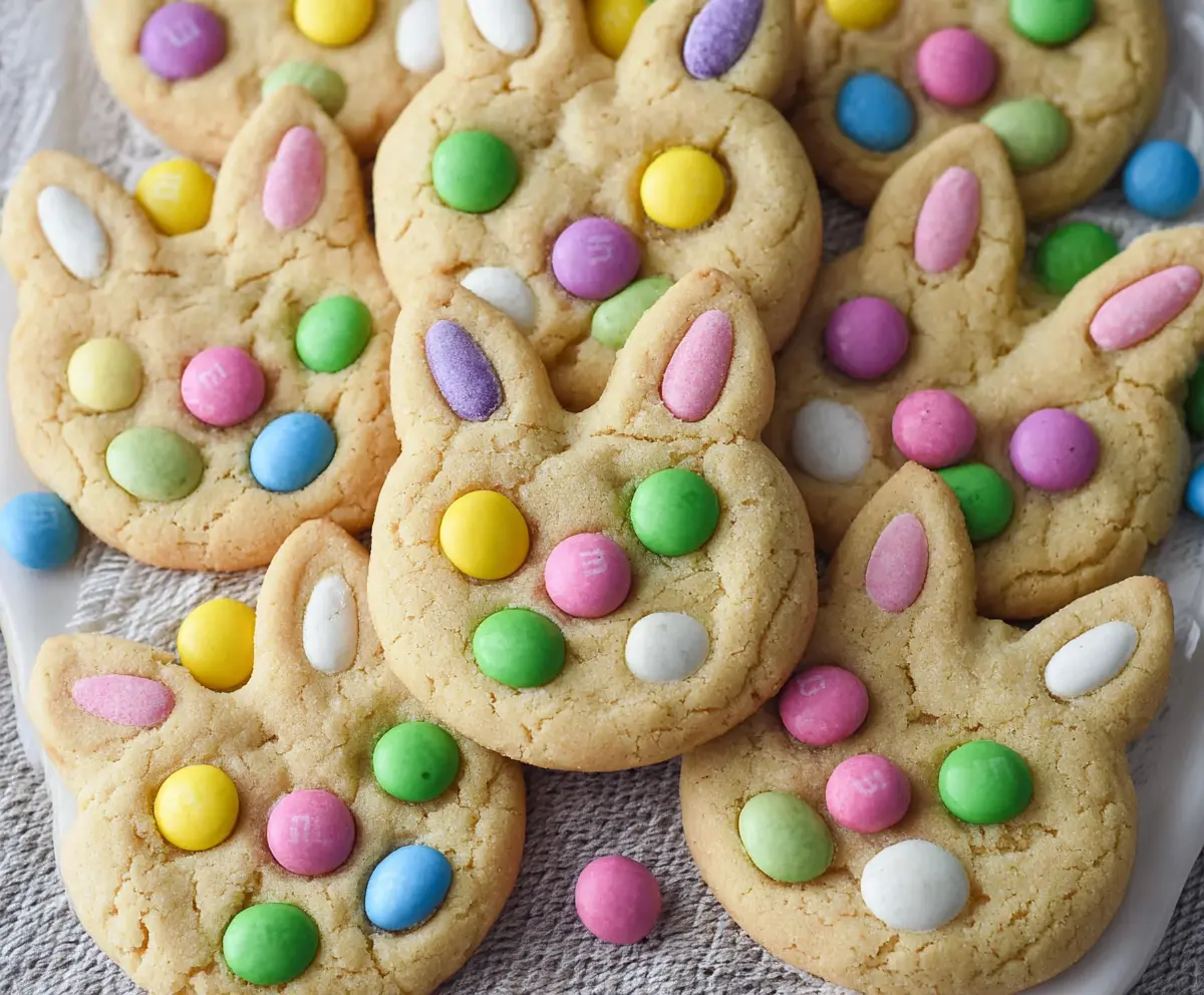 Delicious Easter Bunny M&M's cookies with colorful candy decorations for a festive holiday treat.