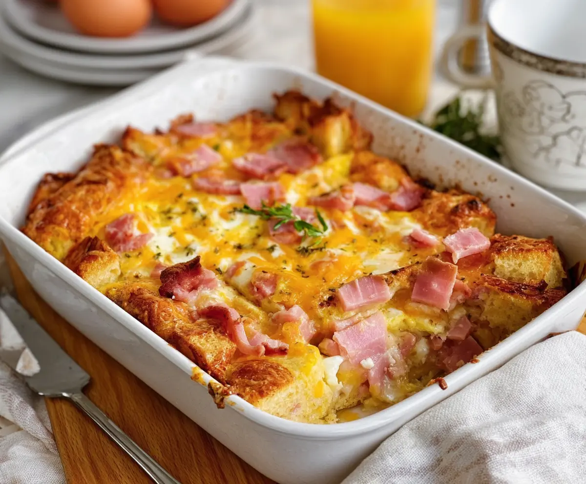 Delicious Easter Cheesy Ham and Egg Casserole with melted cheese and fluffy eggs, perfect for holiday brunch.