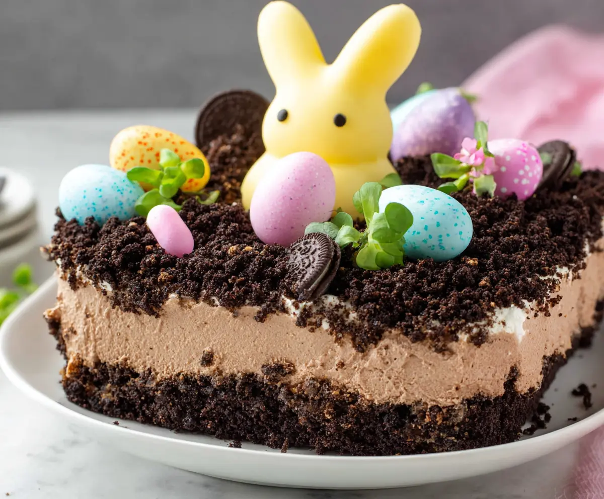 Delicious Easter Dirt Cake topped with colorful candies and festive decorations