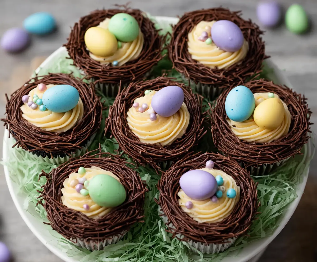 Decorative Easter Egg Nest Cupcakes with colorful candy eggs on a festive plate.