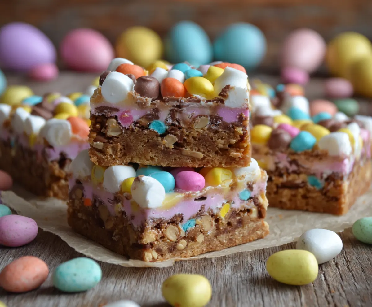 Delicious Easter Goody Bars with festive colorful toppings on a baking tray