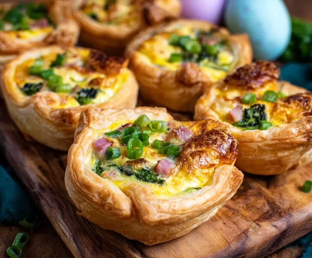 Mini Easter Puff Pastry Quiche Cups filled with cheese and vegetables for a festive brunch