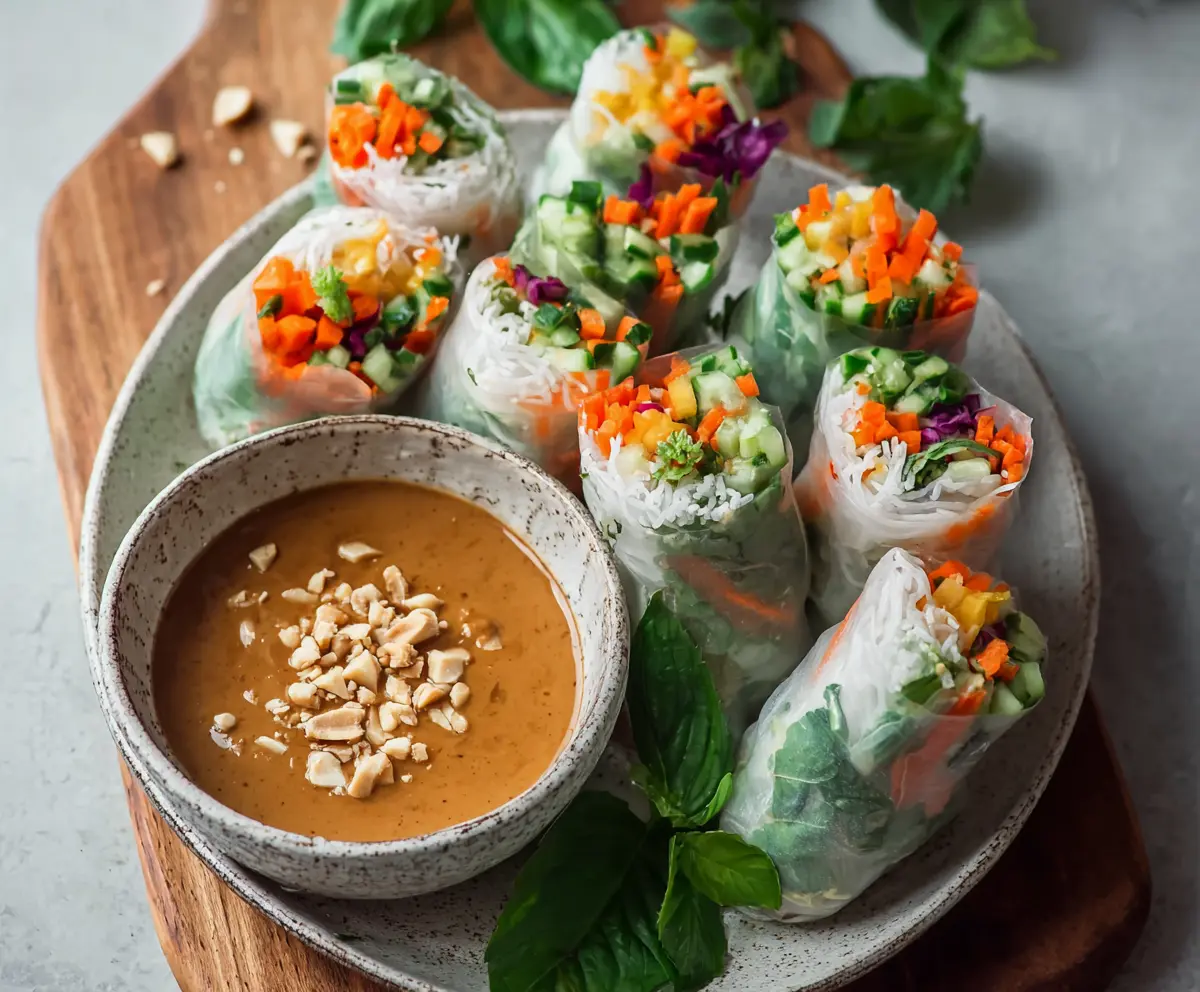 Colorful fresh spring rolls filled with vegetables and herbs served with creamy peanut sauce