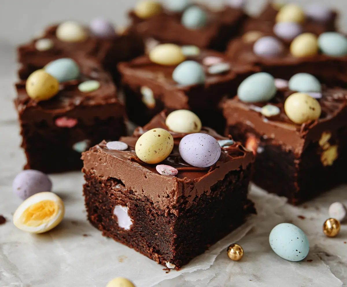 Delicious Frosted Mini Egg Easter Brownies topped with colorful mini eggs and creamy frosting.