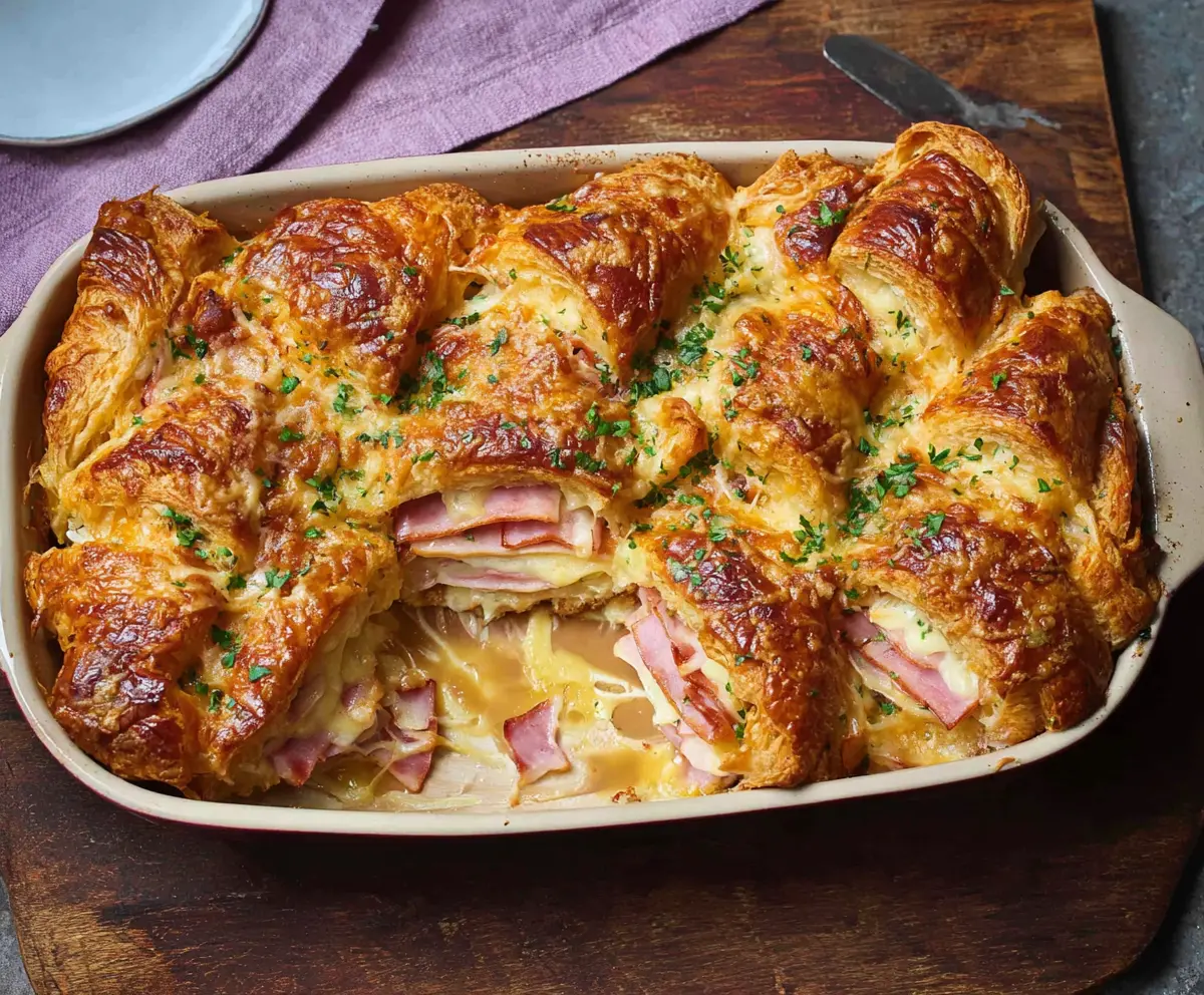 Delicious ham and cheese croissant brunch bake served fresh and hot.
