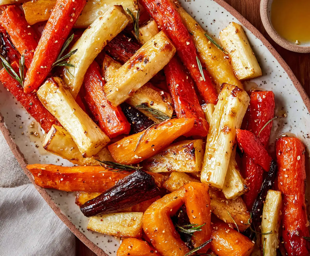 Fresh honey garlic roasted carrots and parsnips served as a colorful, healthy side dish.