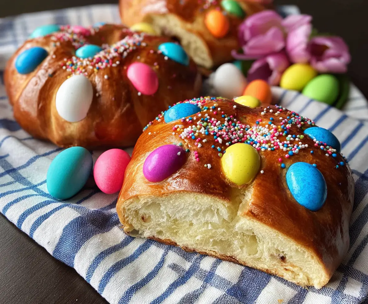 Decorative Italian Easter bread topped with colorful eggs, perfect for celebrating spring and holiday traditions.