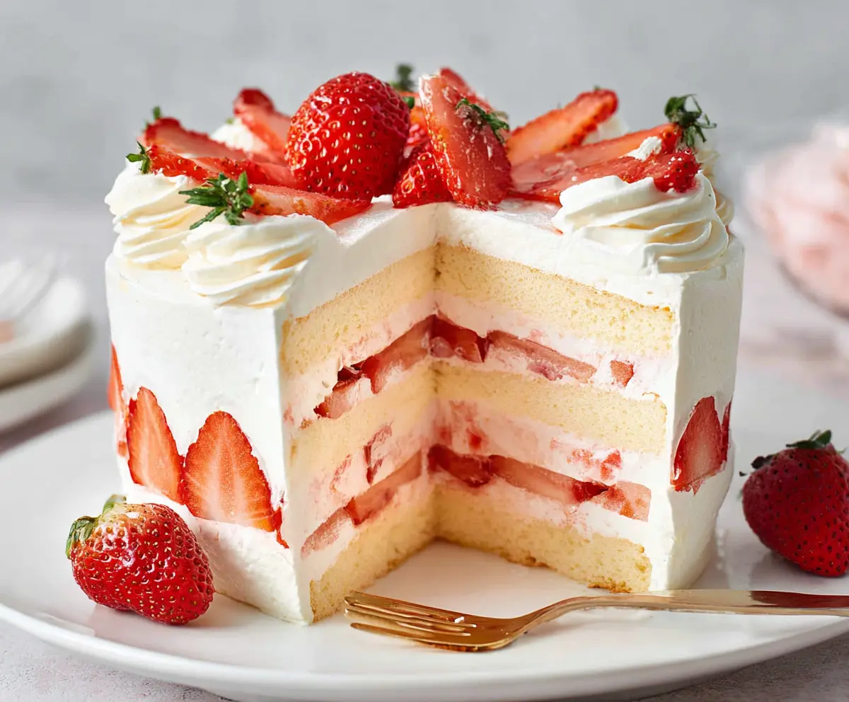 Delicious Japanese Strawberry Cake with fresh strawberries and whipped cream topping