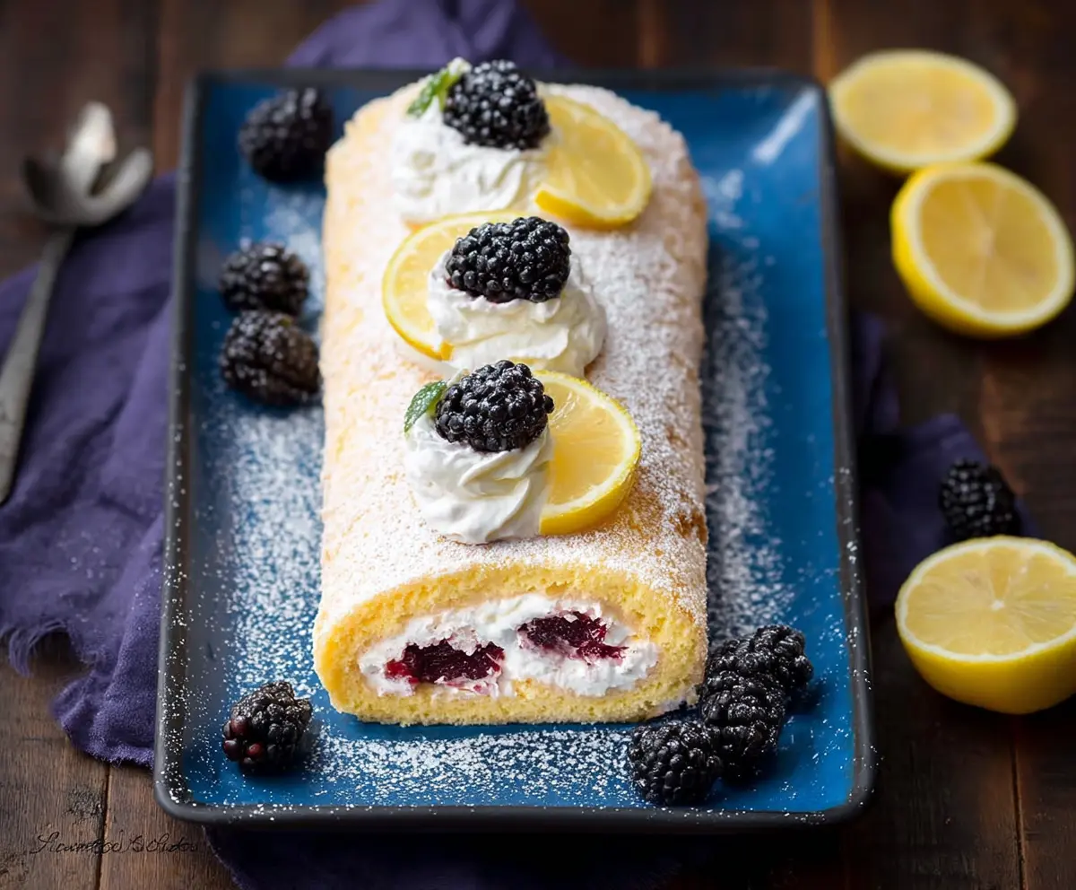 Delicious lemon and blackberry cake roll garnished with fresh berries and zest, perfect for dessert.