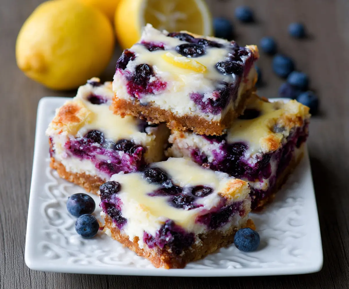 Delicious Lemon Blueberry Cheesecake Bars with a creamy texture and fresh berries on top.