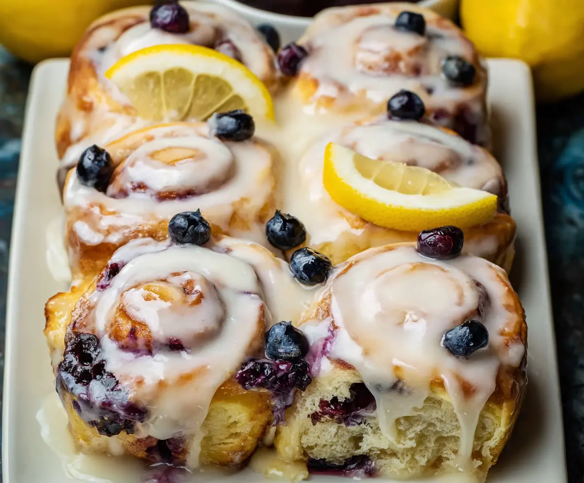 Delicious Lemon Blueberry Rolls topped with fresh blueberries and a lemon glaze, perfect for breakfast or dessert.