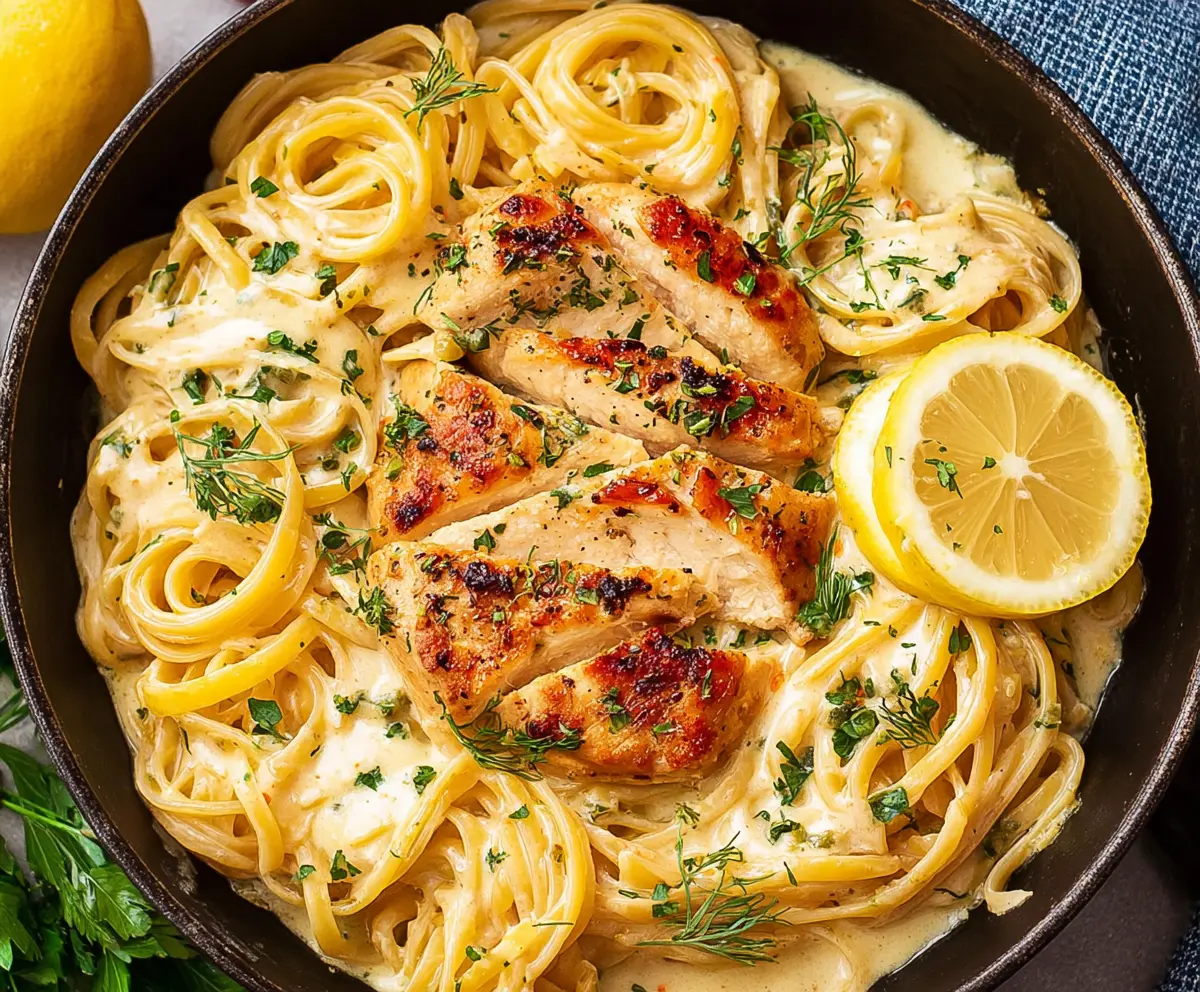 Delicious Lemon Chicken Pasta garnished with fresh herbs on a white plate.