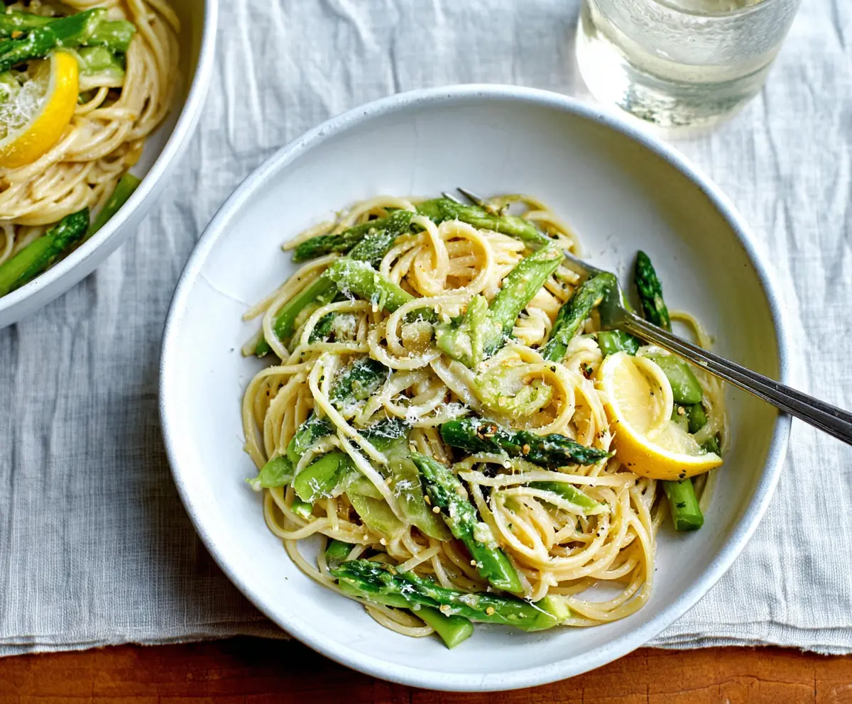 Creamy lemon asparagus pasta dish garnished with fresh herbs and lemon slices.