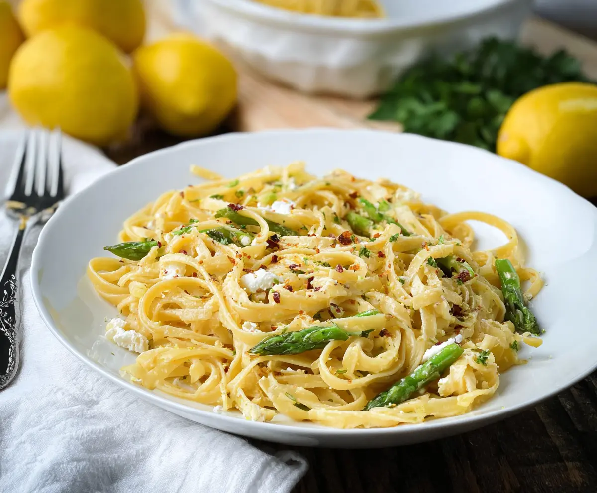 Creamy Lemon Feta Pasta garnished with fresh herbs and lemon slices on a white plate.