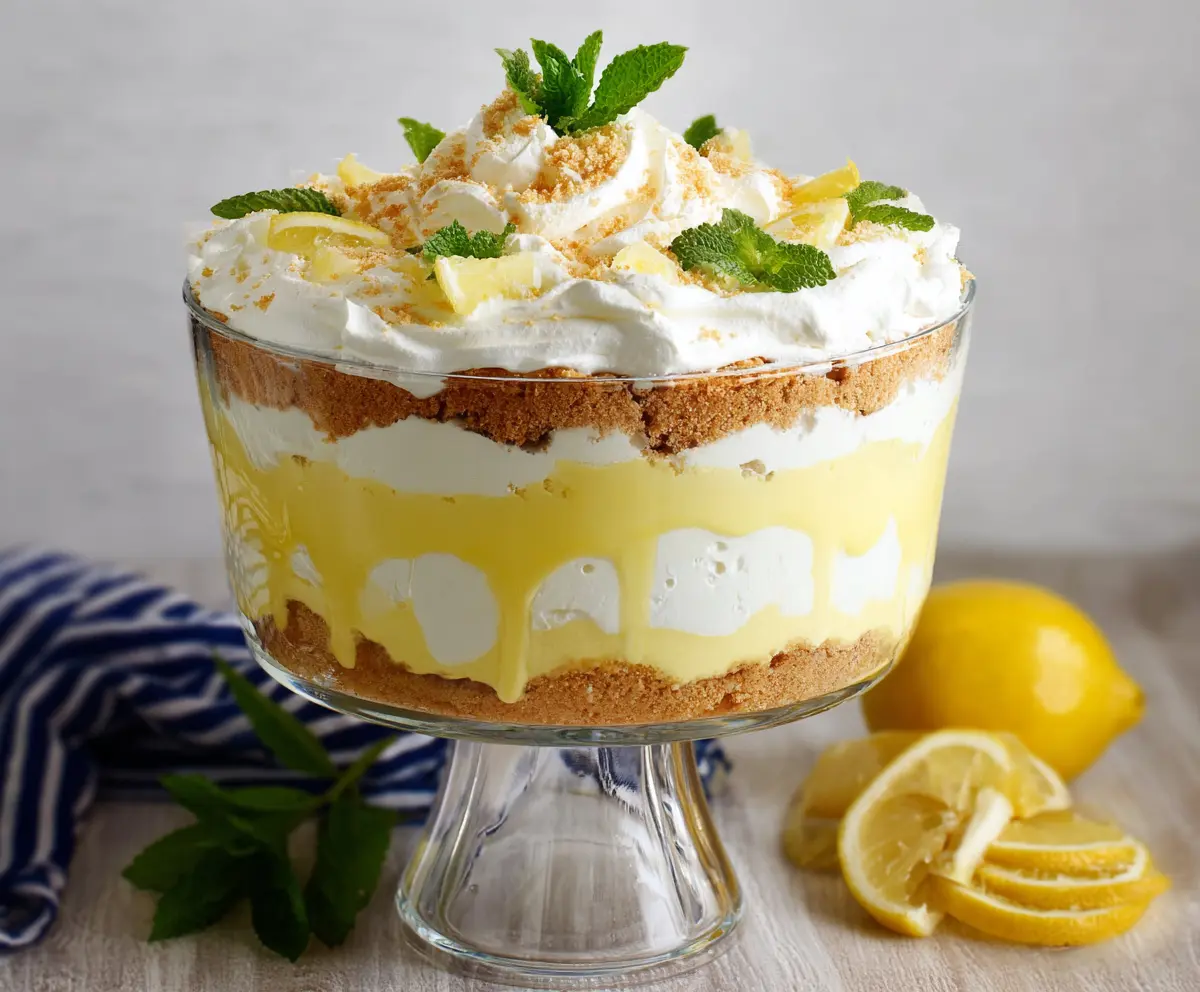 Delicious Lemon Lush Trifle layered with creamy lemon pudding, whipped topping, and graham cracker crust.