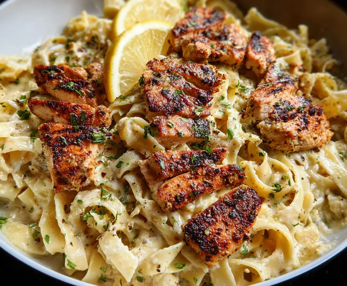 Delicious Lemon Pepper Chicken Pasta garnished with lemon slices and fresh herbs.