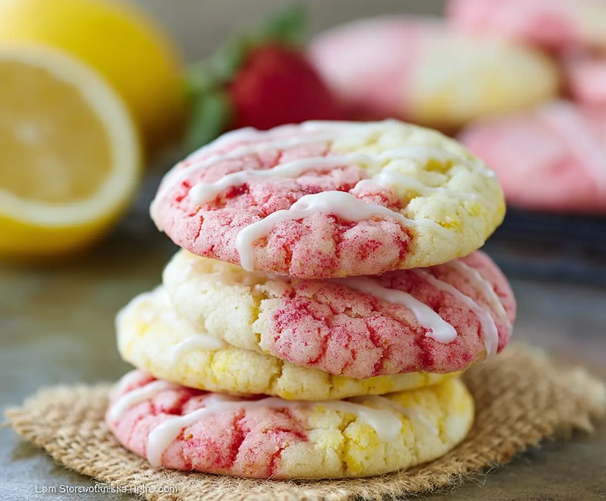 Fresh Lemon Strawberry Cookies on a plate with vibrant colors and a sprig of mint.