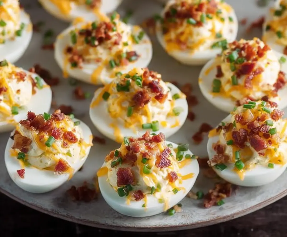 Loaded deviled eggs topped with crispy bacon bits and chopped chives on a decorative plate.