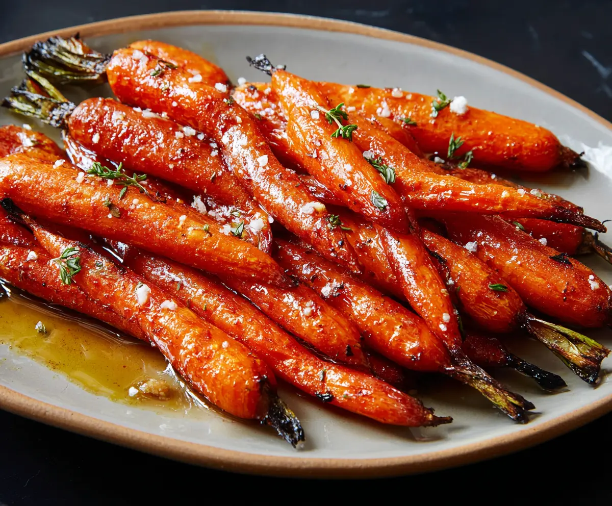 Delicious maple glazed carrots garnished with fresh herbs on a rustic plate