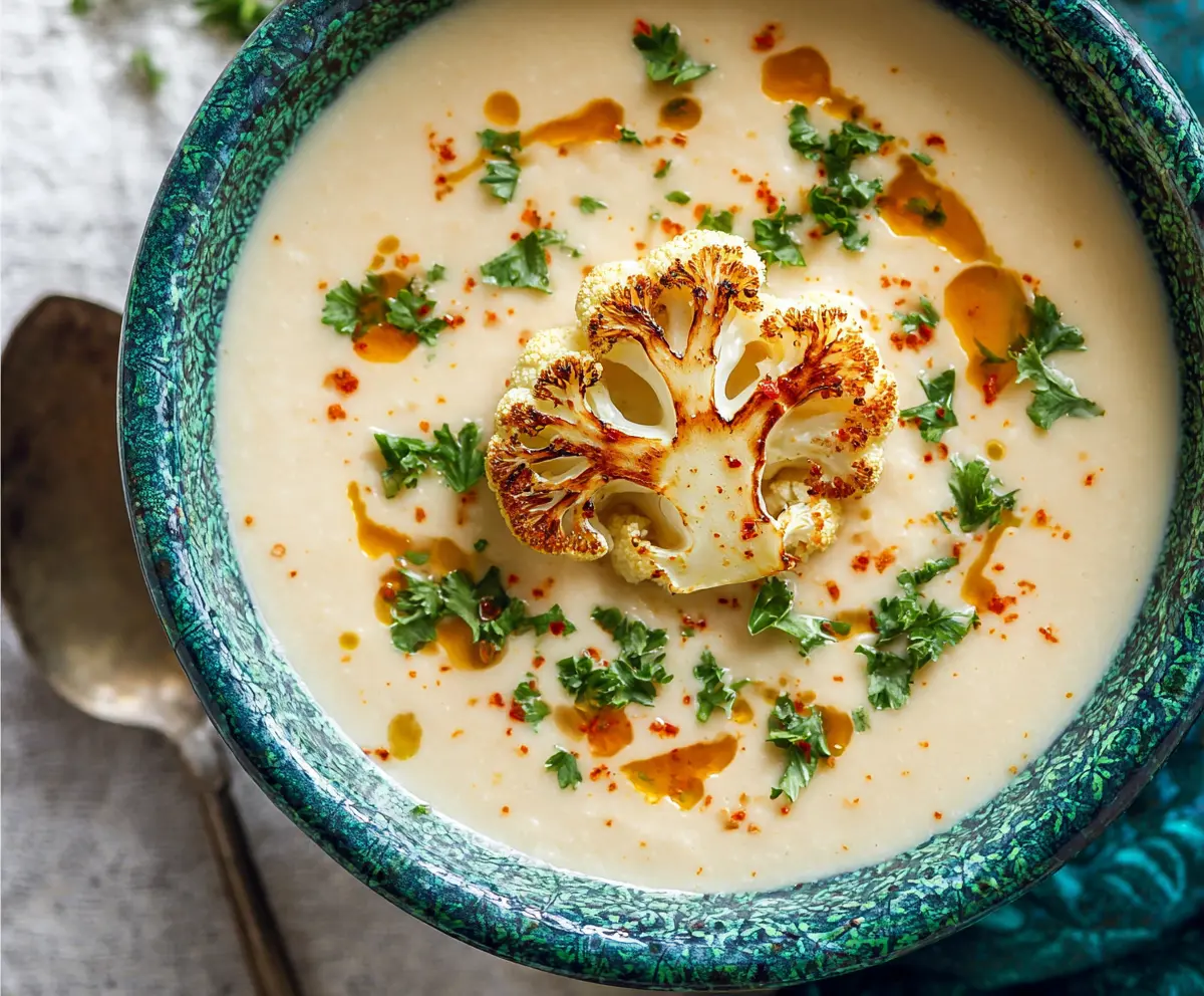 Creamy Mediterranean Cauliflower Soup garnished with fresh herbs in a rustic bowl.