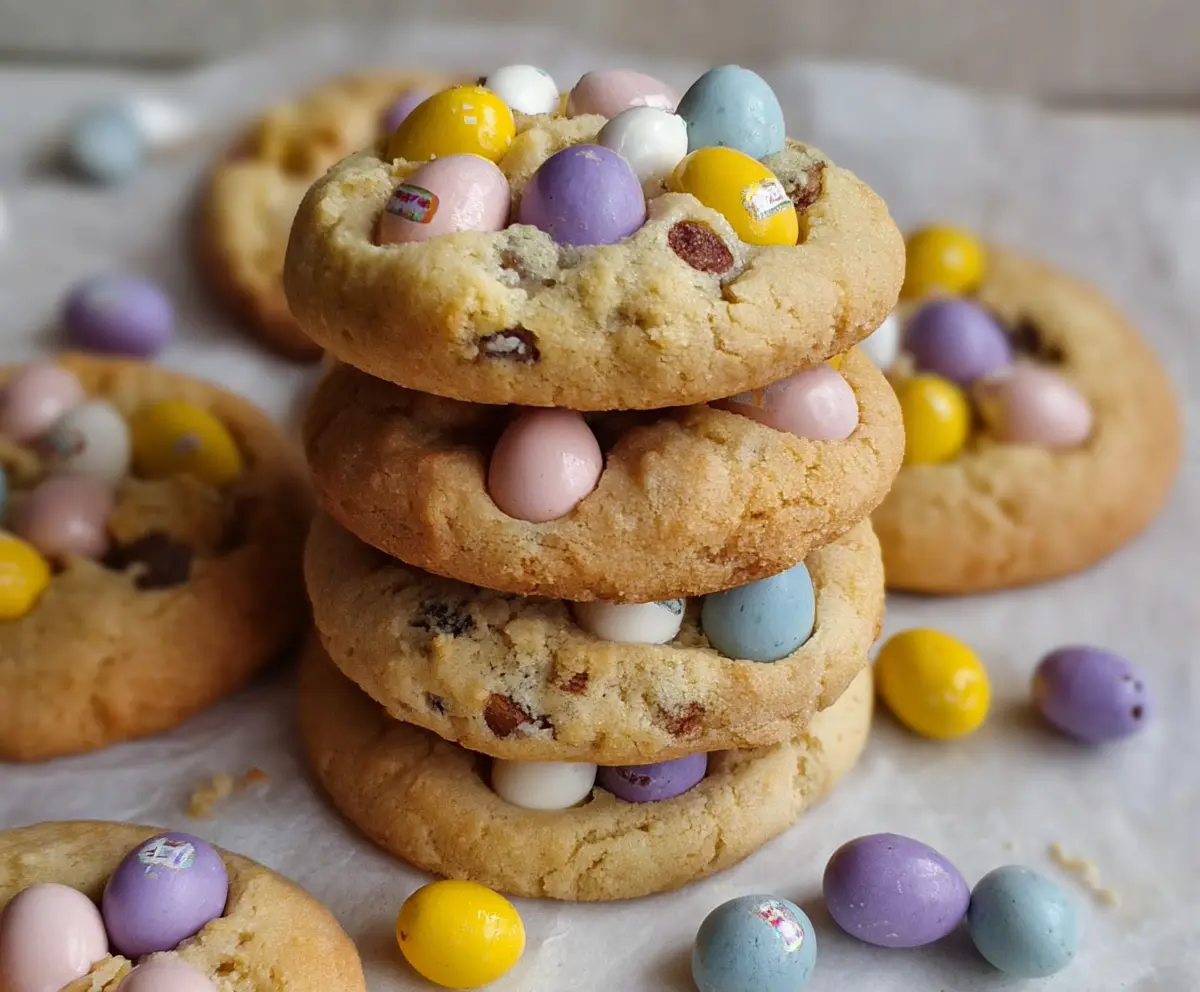 Delicious mini egg cookies with colorful chocolate candy toppings, perfect for Easter treats.