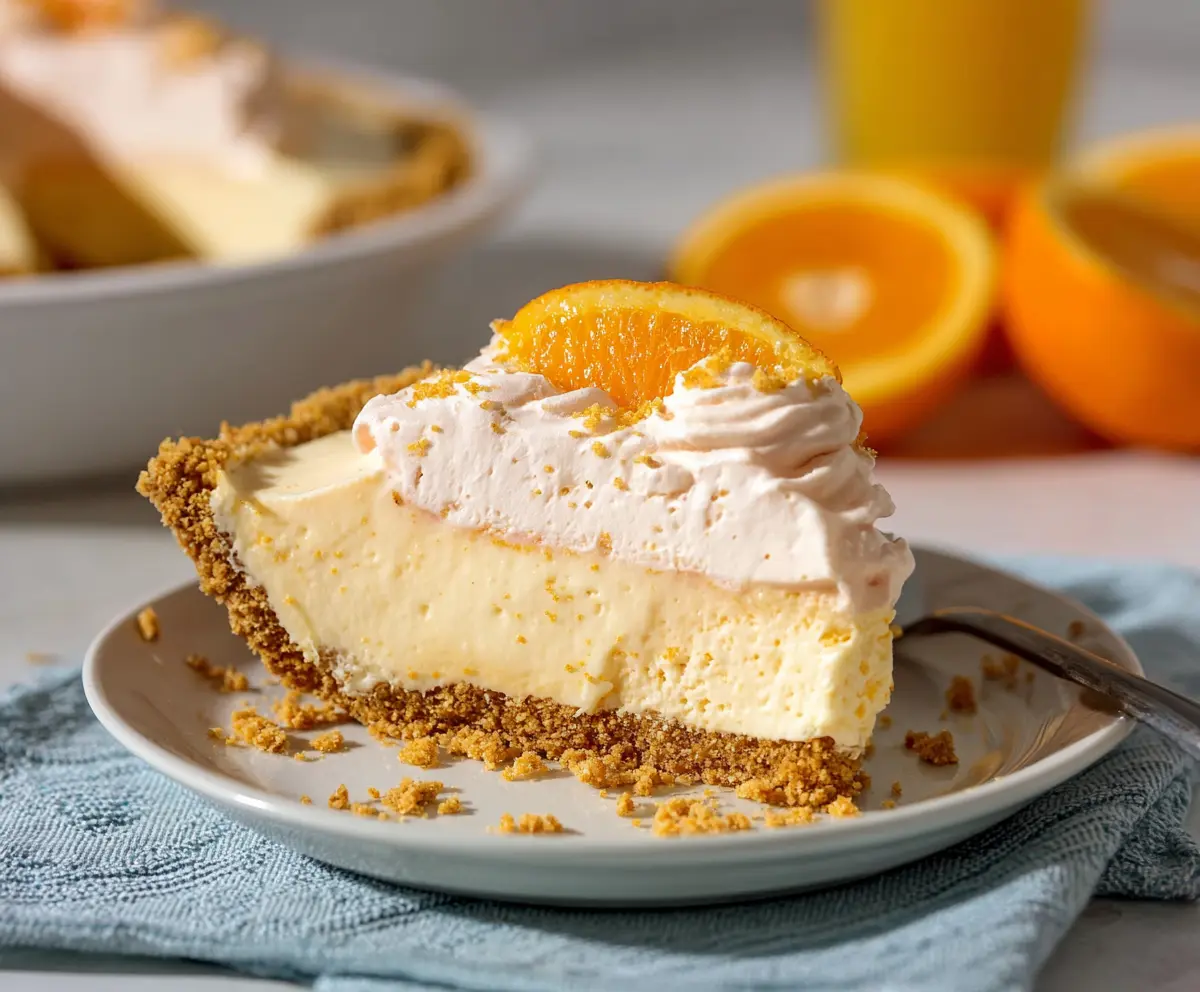 Delicious Orange Creamsicle Pie with creamy orange filling and a graham cracker crust.