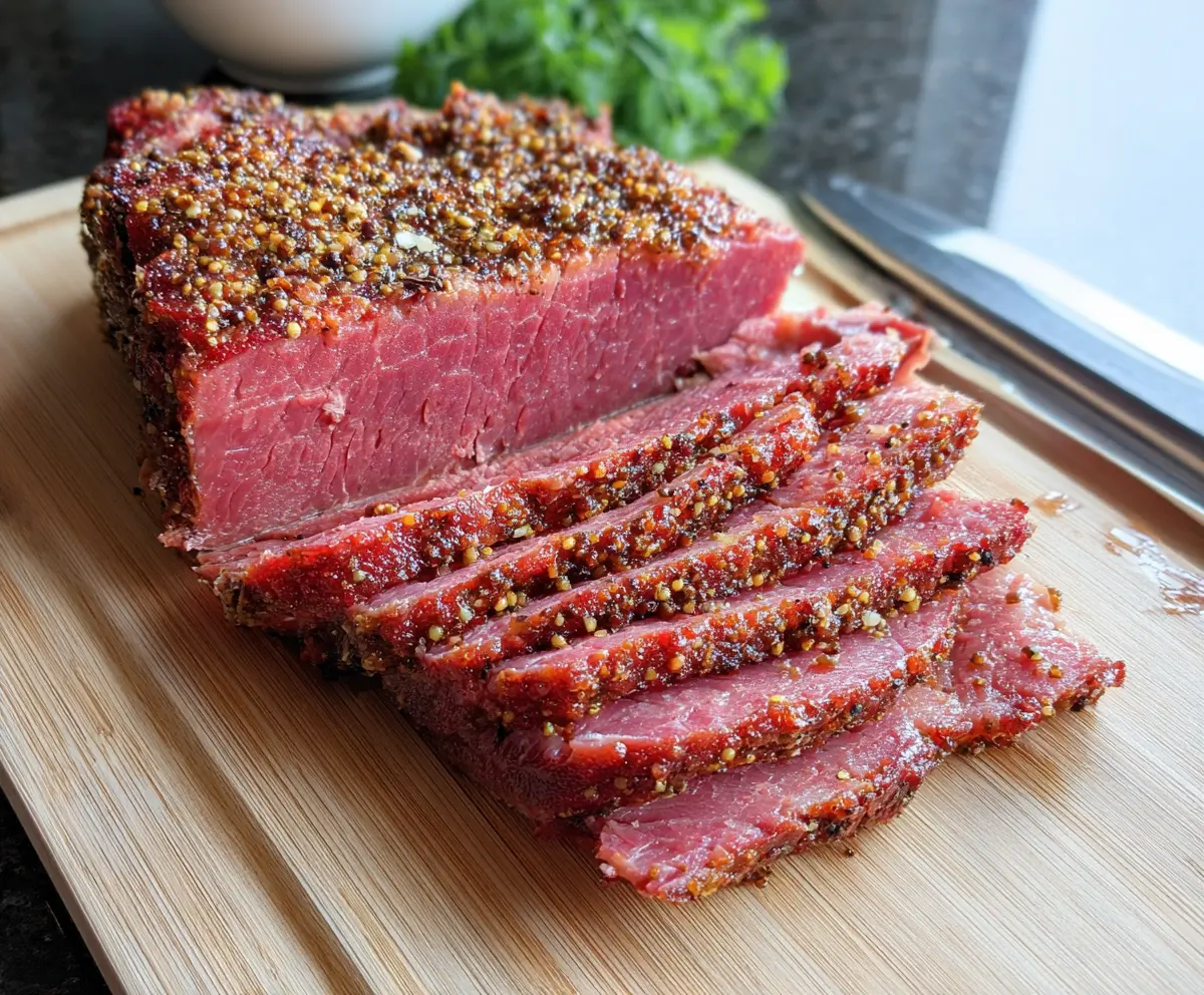 Delicious oven roasted corned beef served with crispy vegetables on a platter.