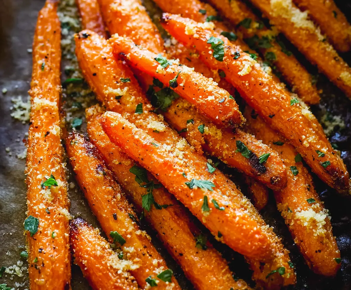 Delicious Parmesan Garlic Roasted Carrots garnished with fresh herbs, perfect as a healthy side dish.