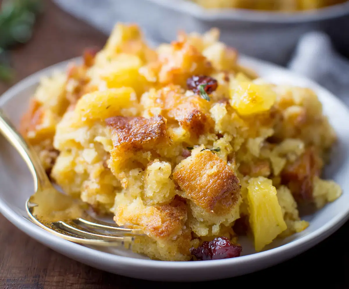 Delicious pineapple stuffing served in a bowl with fresh pineapple pieces and herbs.