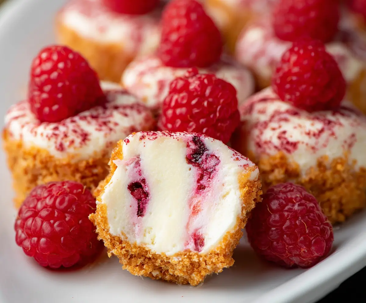 Delicious Raspberry Cheesecake Bites on a plate with fresh raspberries and a cheesecake dip