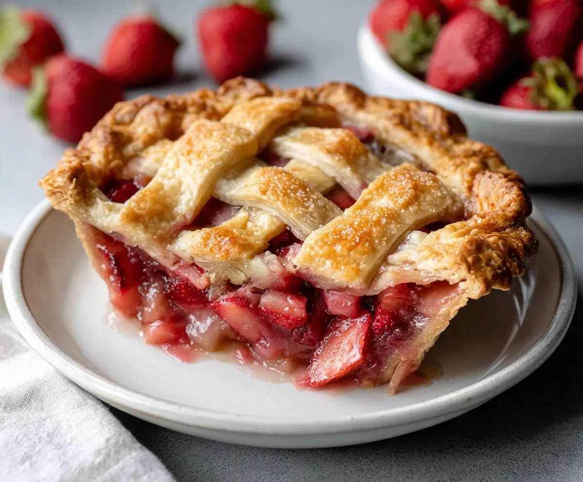 Delicious Rhubarb Strawberry Pie with a golden crust and vibrant fruit filling