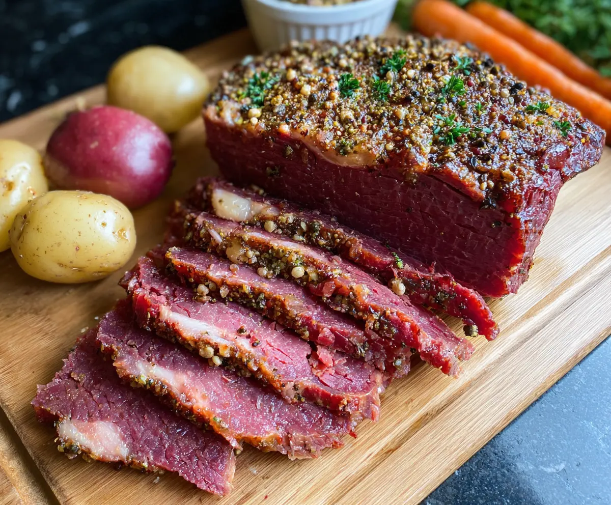 Delicious roasted corned beef cooked to perfection with a crispy crust and tender interior.