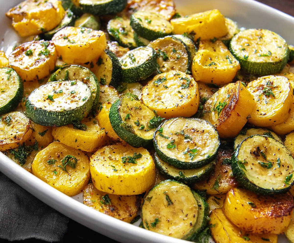 Delicious roasted zucchini and squash seasoned with herbs on a baking tray.
