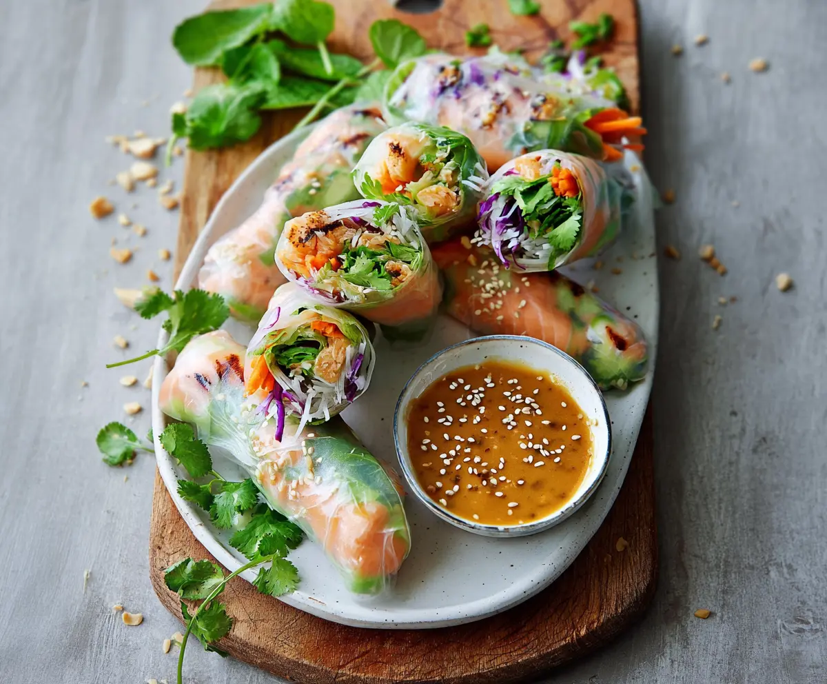 Fresh salmon spring rolls with vibrant vegetables and a creamy peanut sauce for a healthy appetizer.