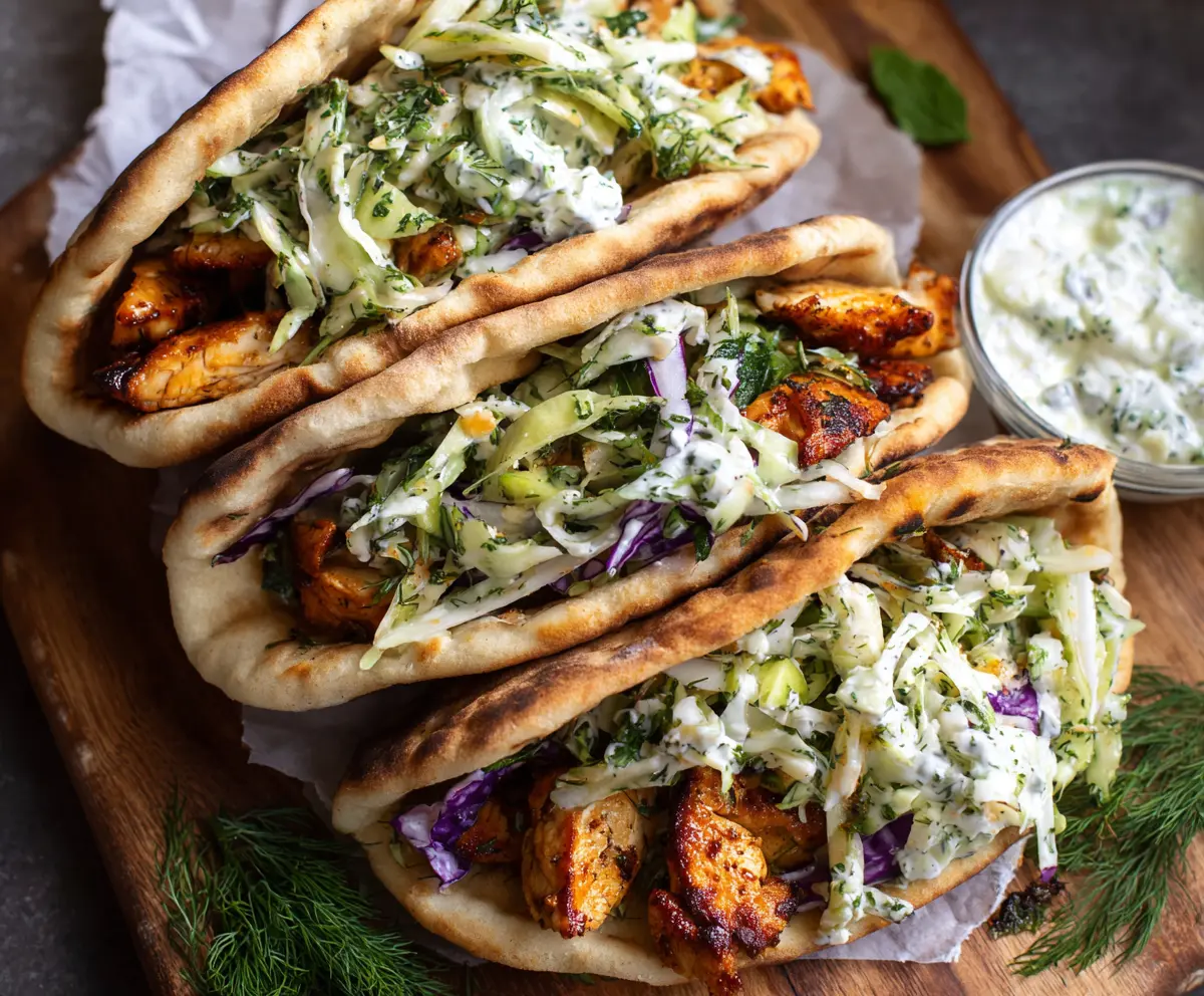 Delicious sheet pan chicken pitas filled with fresh herb ranch slaw for a healthy meal
