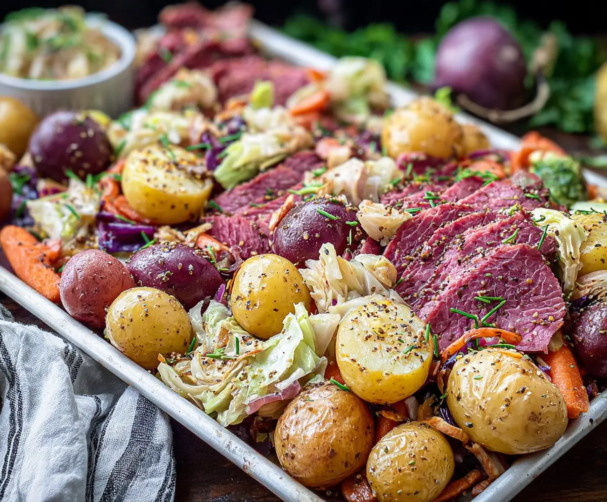 Delicious Sheet Pan Corned Beef and Cabbage meal served hot with golden potatoes