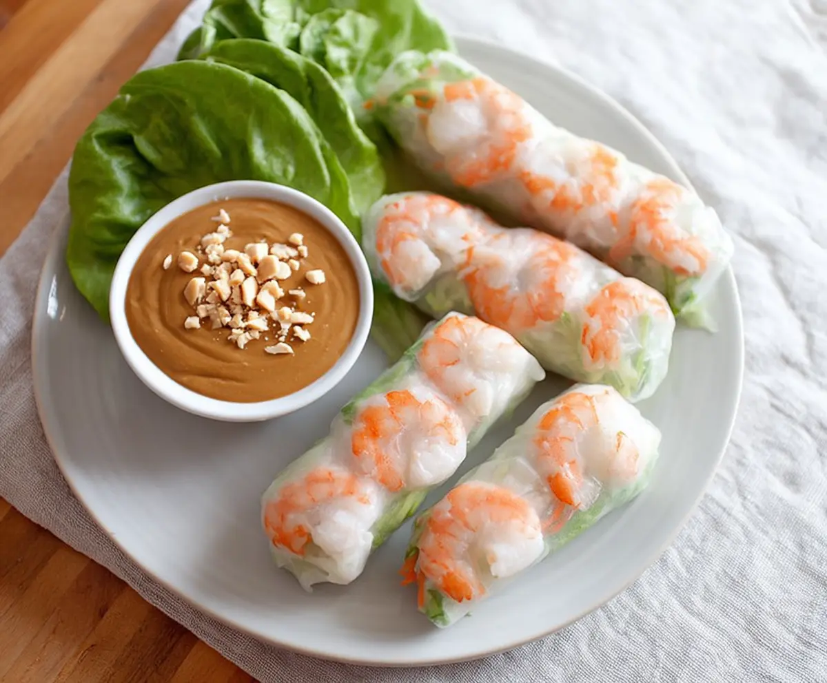 Delicious shrimp spring rolls served with creamy peanut sauce, perfect for a light appetizer or snack.