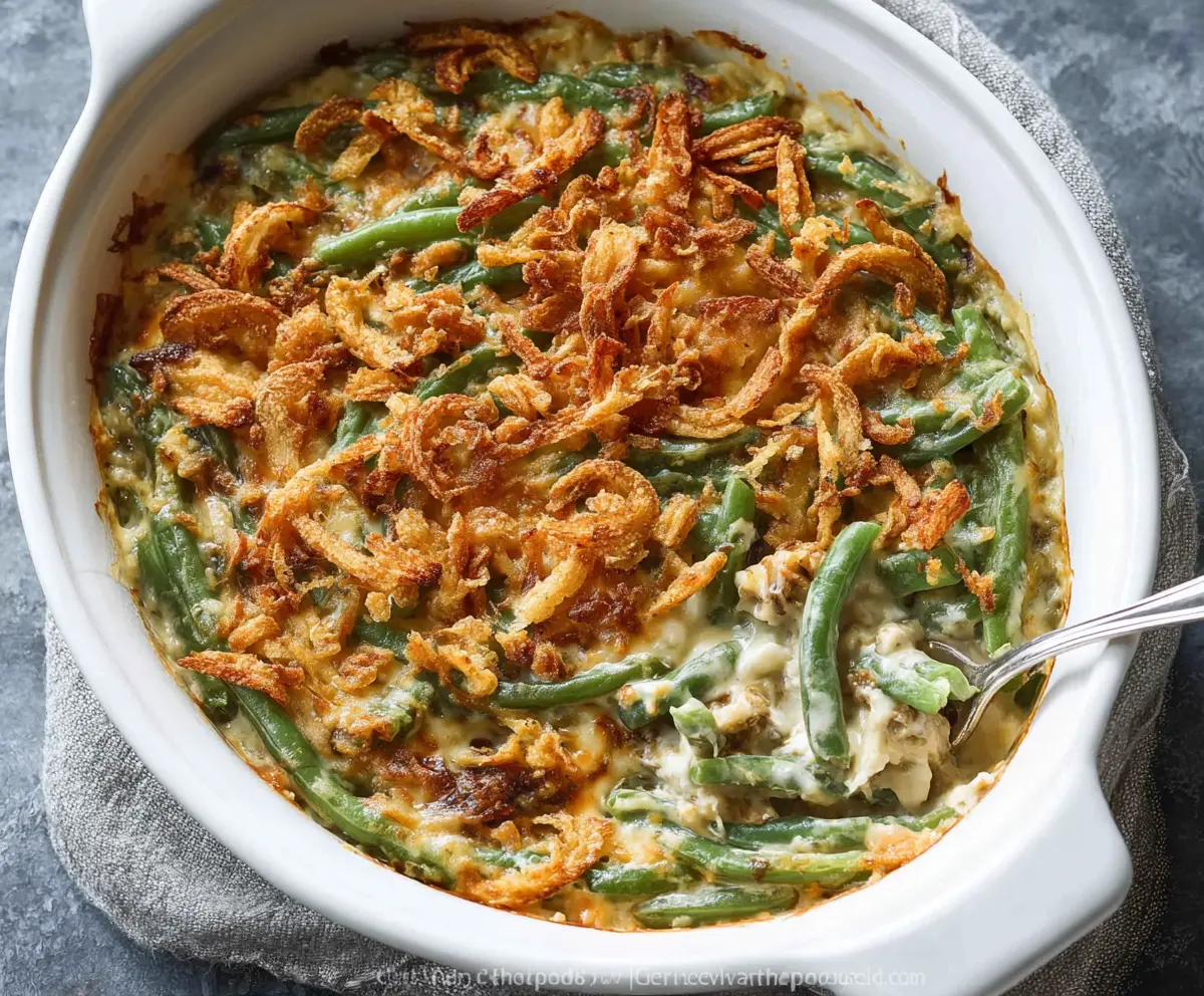 Delicious and easy-to-make simple green bean casserole served in a baking dish.