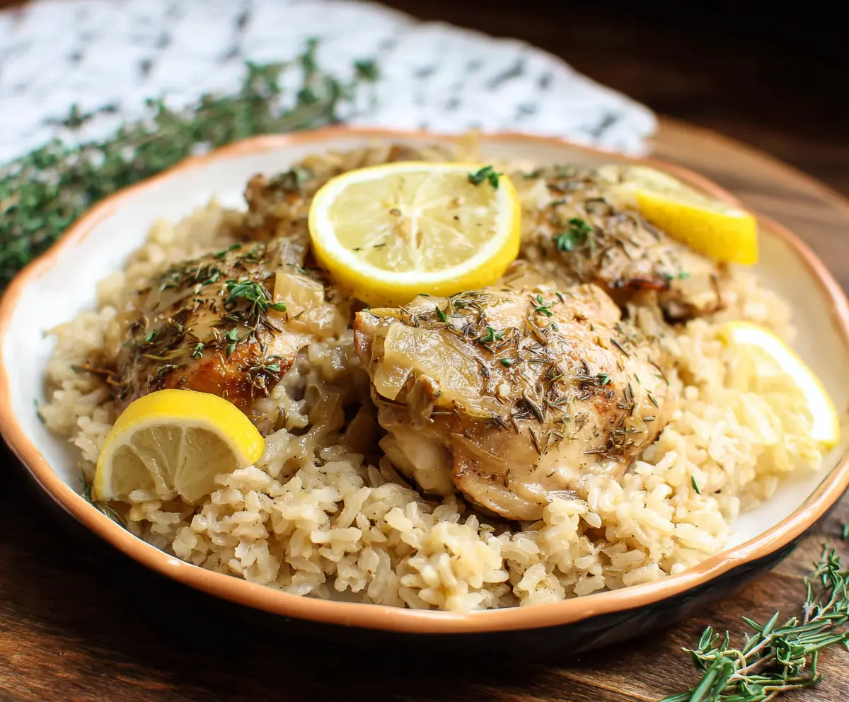 Delicious slow cooker lemon herb chicken served with fluffy rice, perfect for a wholesome dinner.