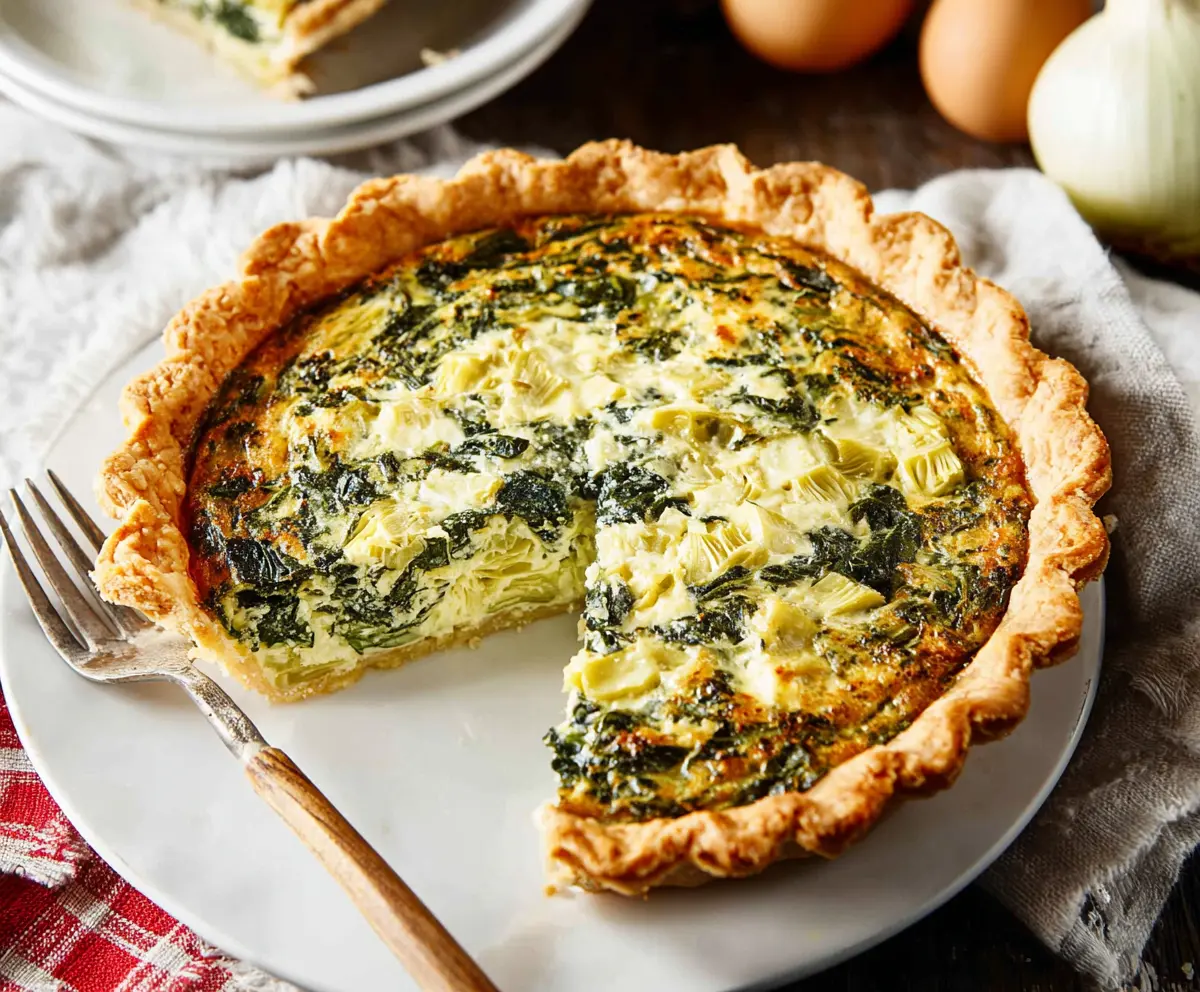 Delicious spinach and artichoke quiche fresh out of the oven, showcasing a golden crust and vibrant green filling.