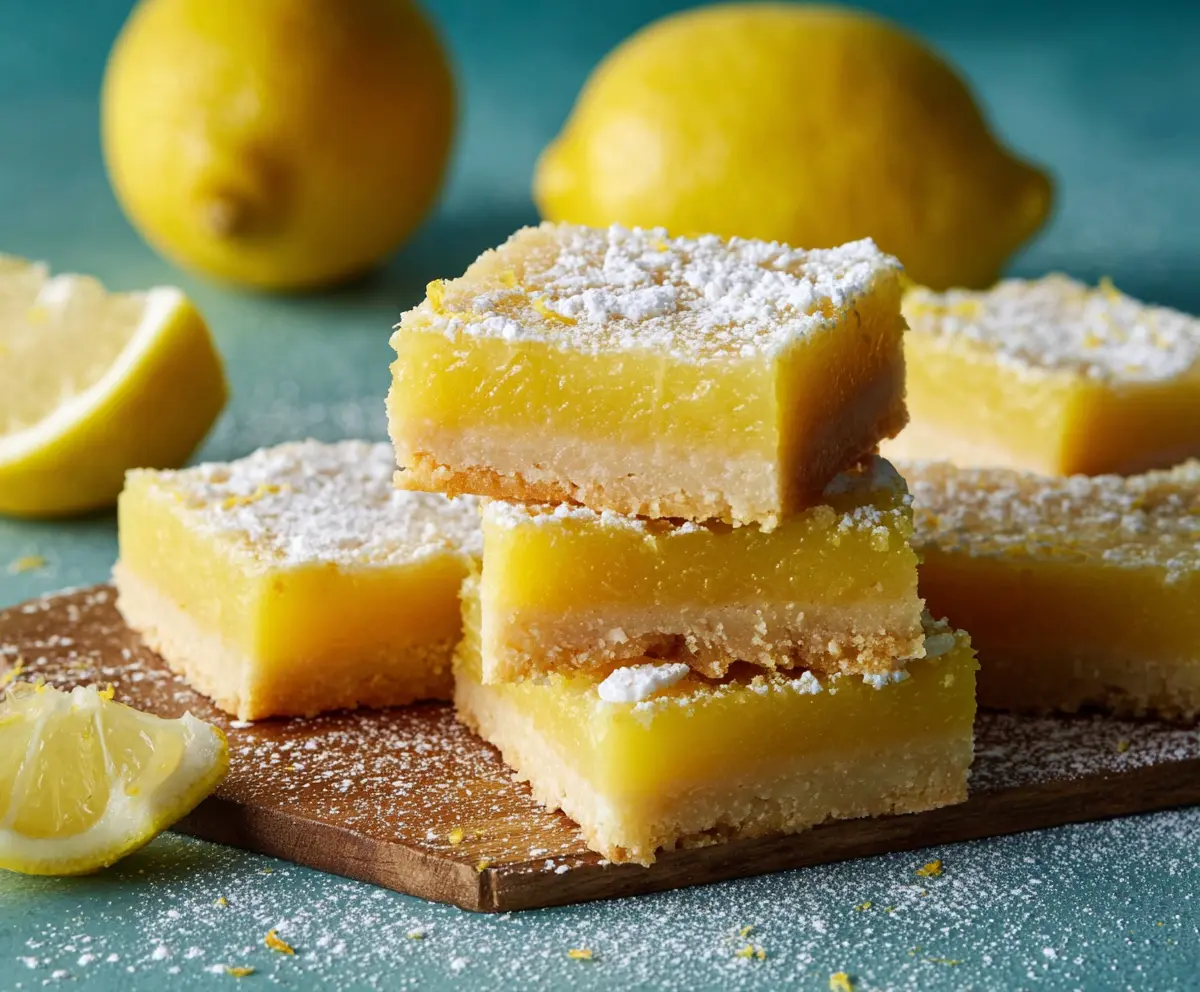 Delicious homemade spring lemon bars with a shiny lemon glaze and a buttery crust on a rustic plate.