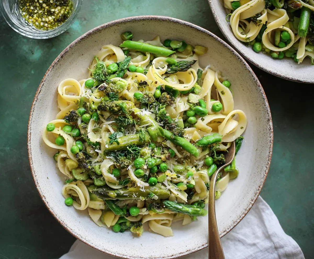 Fresh spring vegetable pasta with colorful seasonal veggies and herbs ready to enjoy.