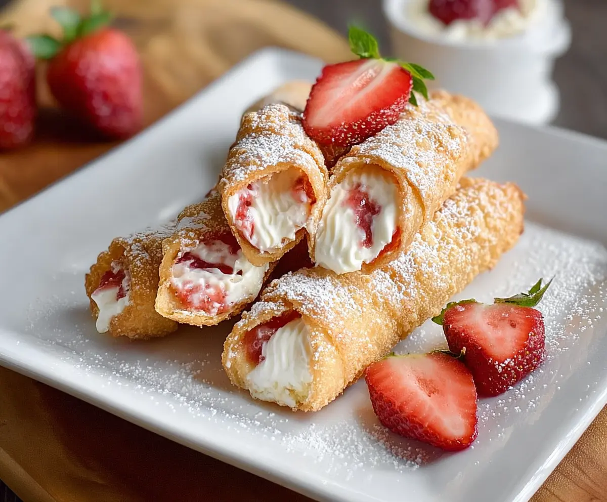 Delicious strawberry cheesecake egg rolls with crispy golden exterior and creamy filling