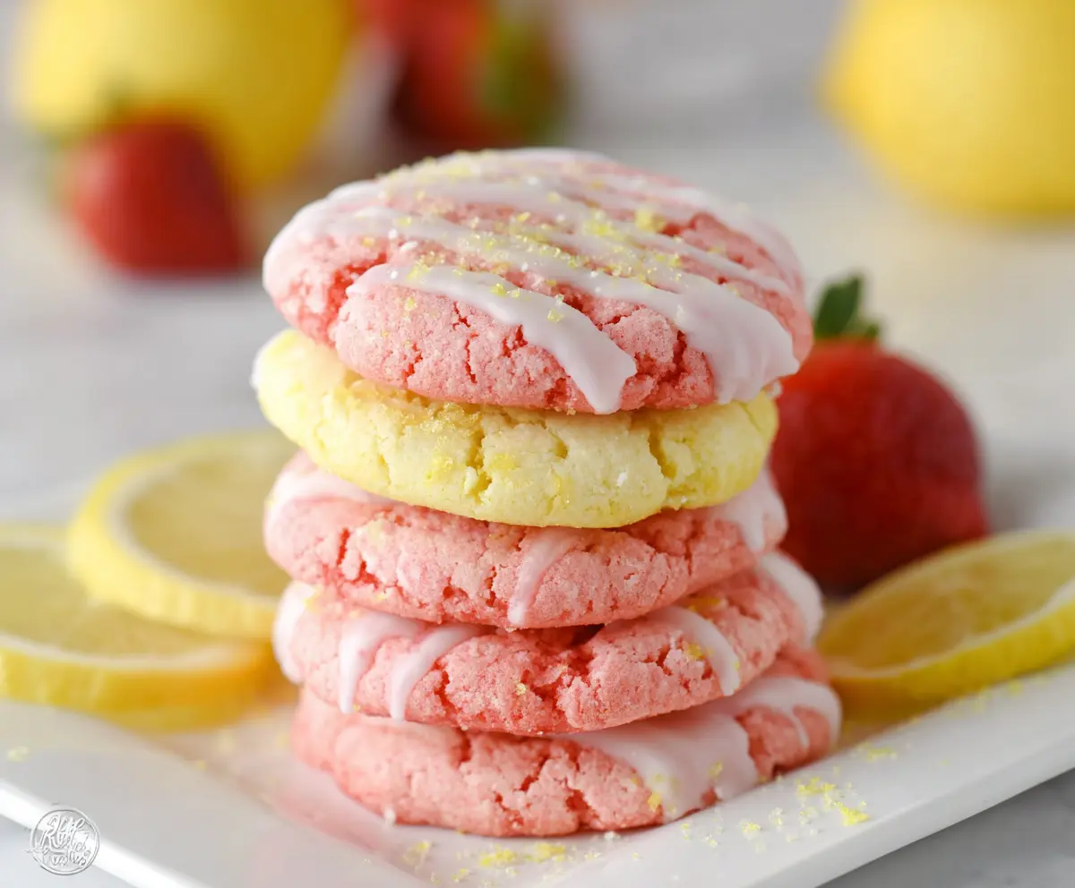 Delicious Strawberry Lemonade Cookies garnished with fresh strawberries and lemon zest.