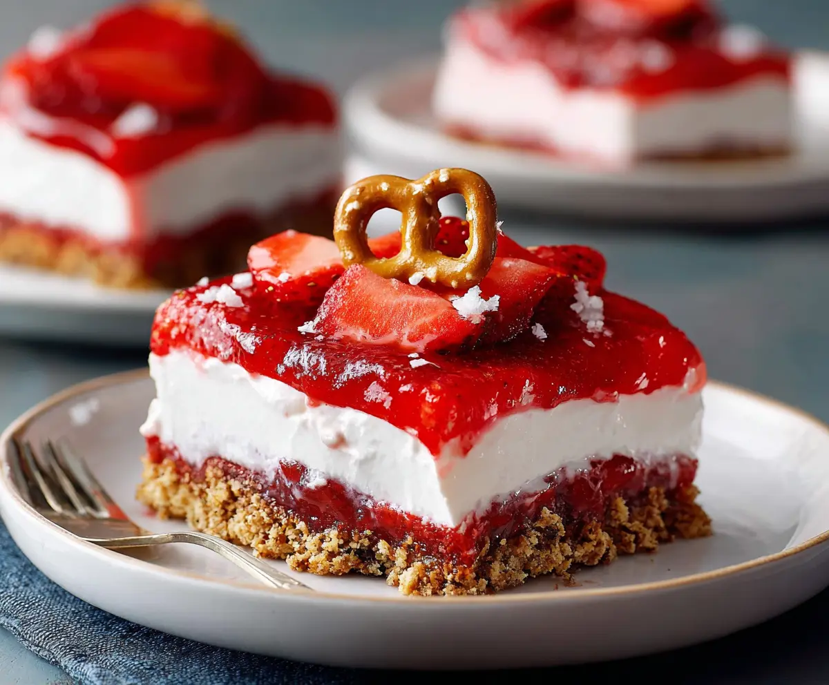 Delicious strawberry pretzel dessert with a creamy topping and crunchy pretzel crust