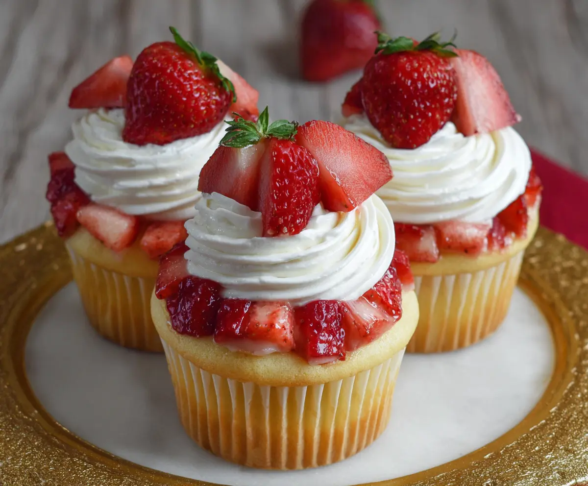 Delicious strawberry shortcake cupcakes topped with fresh strawberries and whipped cream