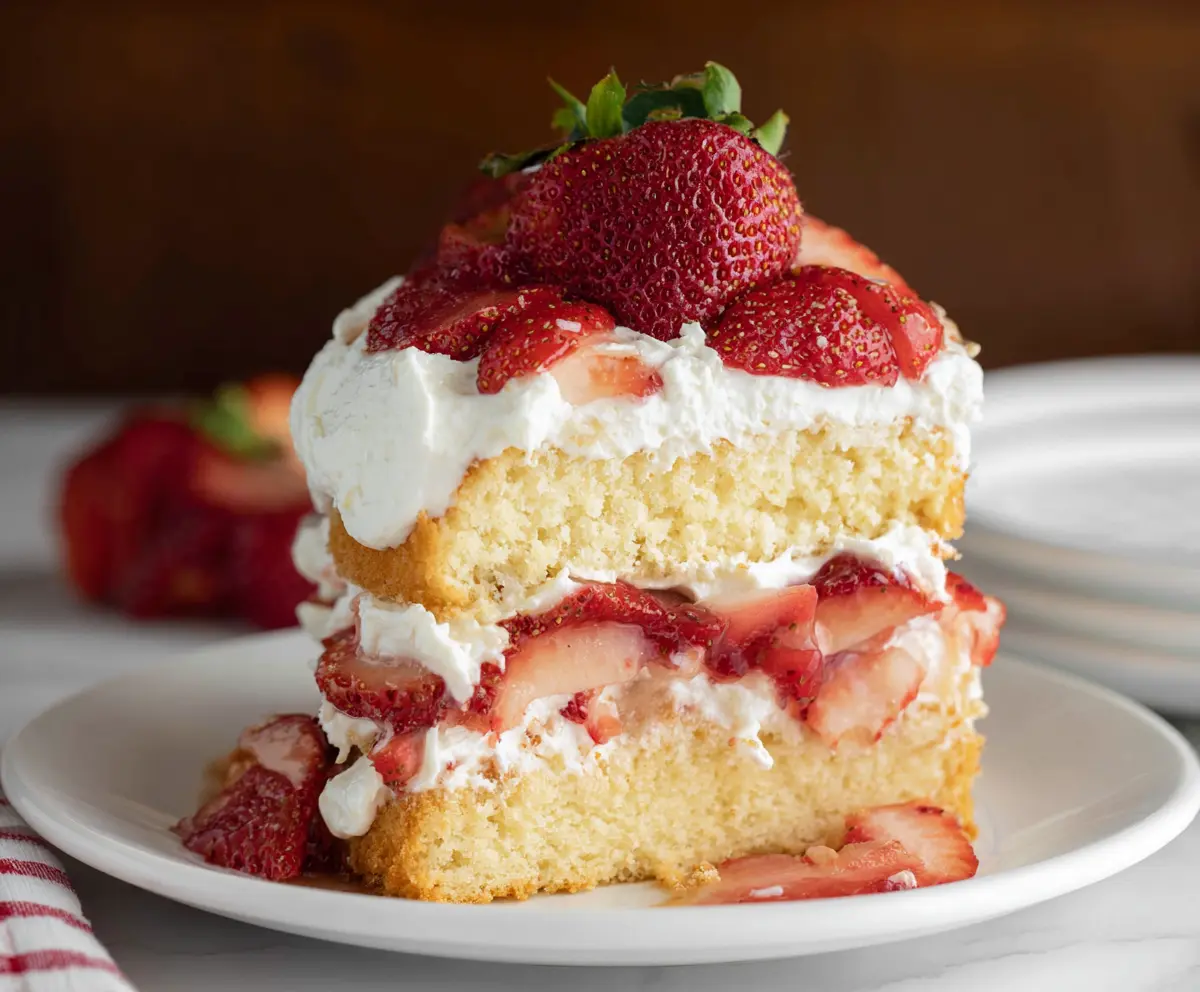 Delicious strawberry shortcake with fresh strawberries, whipped cream, and fluffy cake layers.
