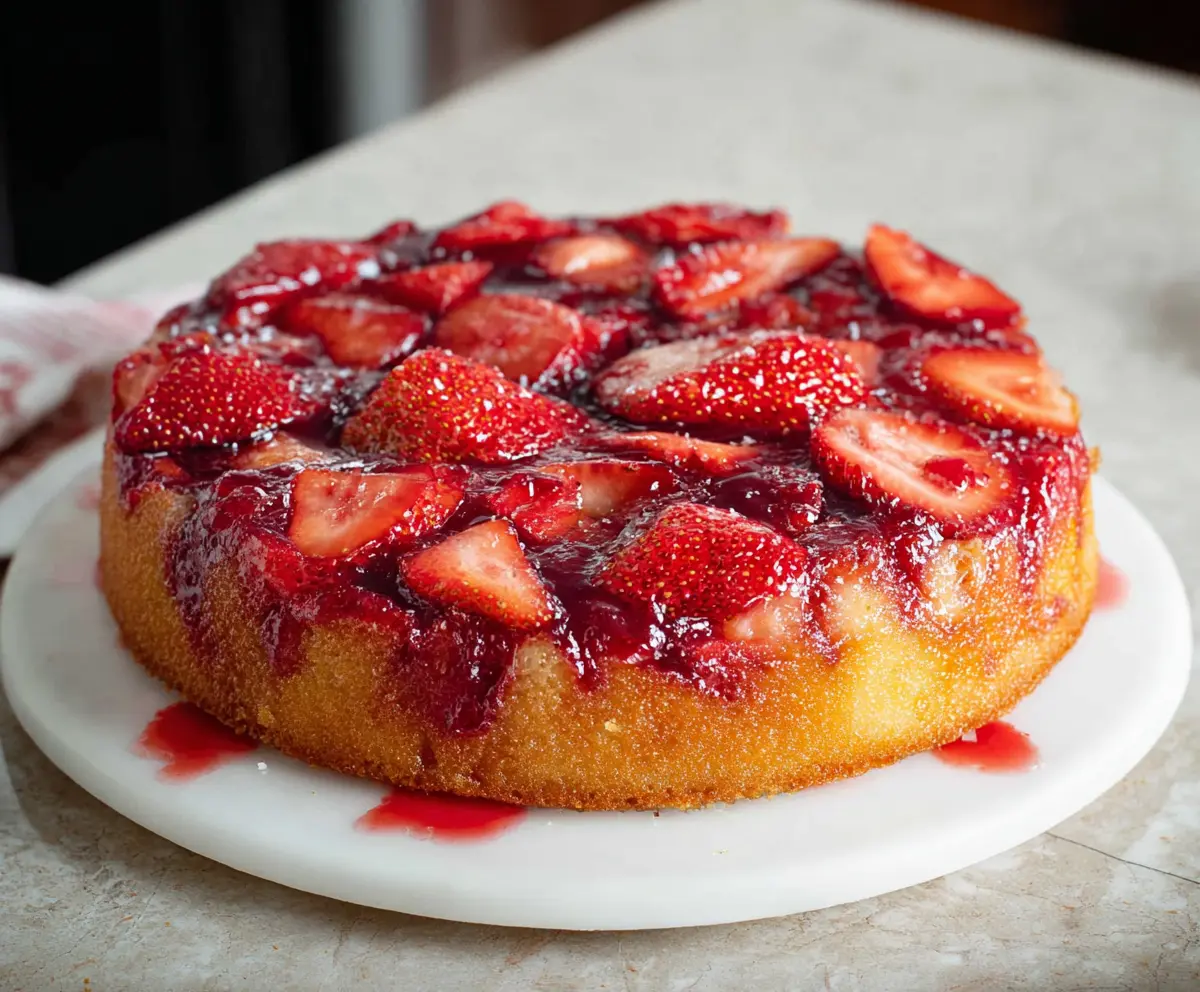 Delicious strawberry upside-down cake with fresh strawberries and caramelized topping.